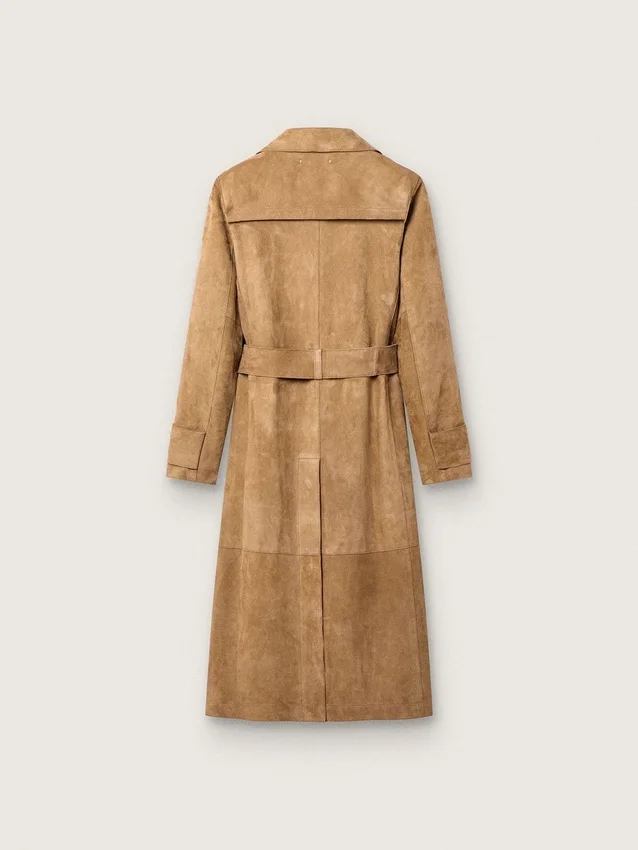 Damen-Trenchcoat mit Gürtel aus sandfarbenem Wildleder
