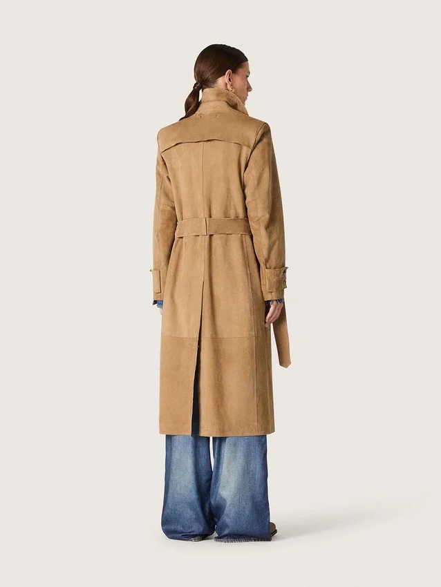 Damen-Trenchcoat mit Gürtel aus sandfarbenem Wildleder