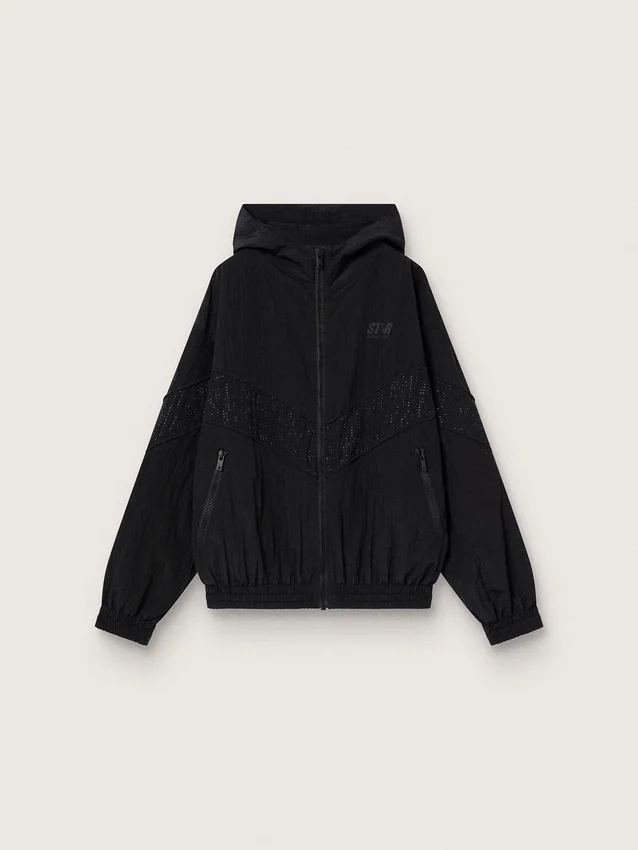 Damen-Windjacke aus schwarzem Nylon mit Ton-in-Ton-Kristallen