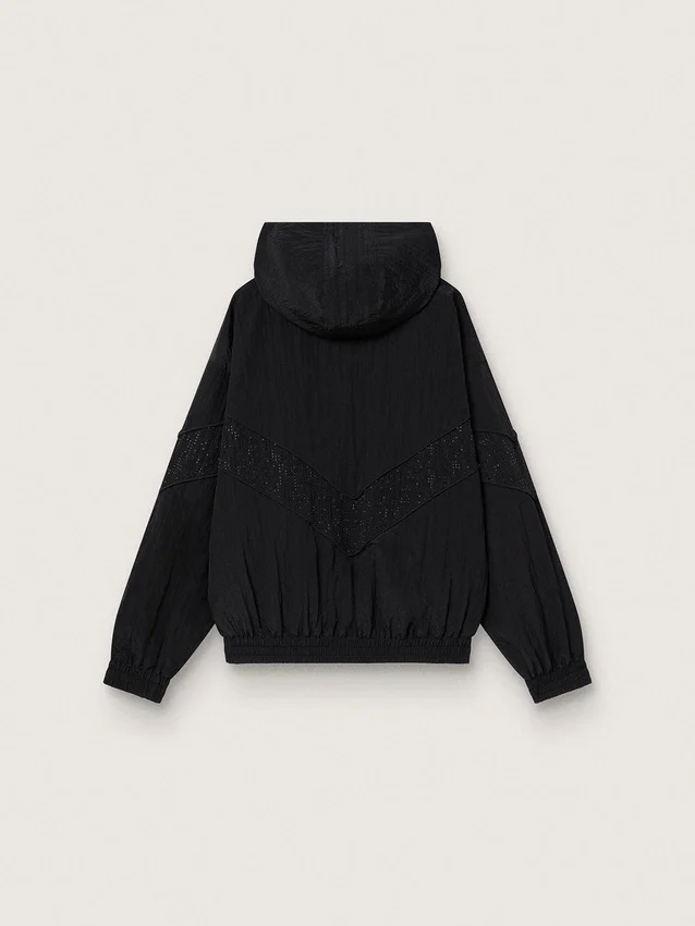 Damen-Windjacke aus schwarzem Nylon mit Ton-in-Ton-Kristallen