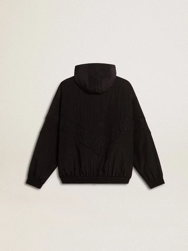Damen-Windjacke aus schwarzem Nylon mit Ton-in-Ton-Kristallen