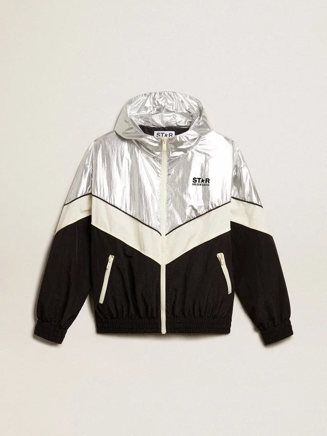 Damen-Windjacke aus silber-schwarzem Funktionsstoff