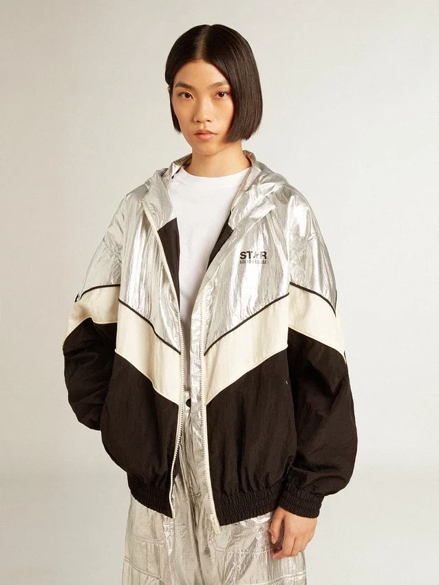Damen-Windjacke aus silber-schwarzem Funktionsstoff