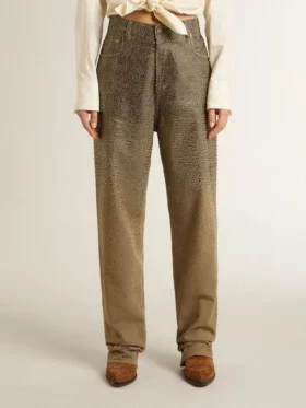 Damenhose aus Baumwolle in Khaki mit Swarovski-Effekt in Farbverlauf