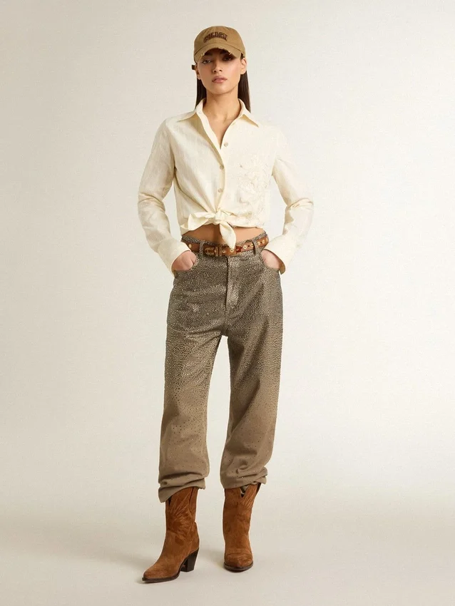 Damenhose aus Baumwolle in Khaki mit Swarovski-Effekt in Farbverlauf