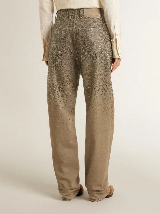 Damenhose aus Baumwolle in Khaki mit Swarovski-Effekt in Farbverlauf