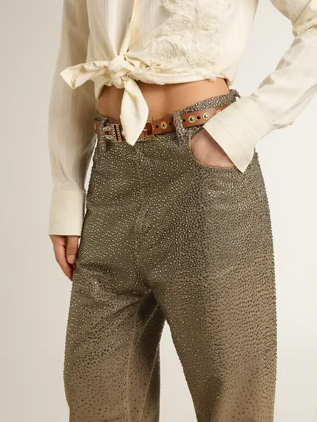 Damenhose aus Baumwolle in Khaki mit Swarovski-Effekt in Farbverlauf