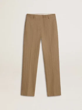 Damenhose aus einer sandfarbenen Leinenmischung mit Fischgrätenmuster