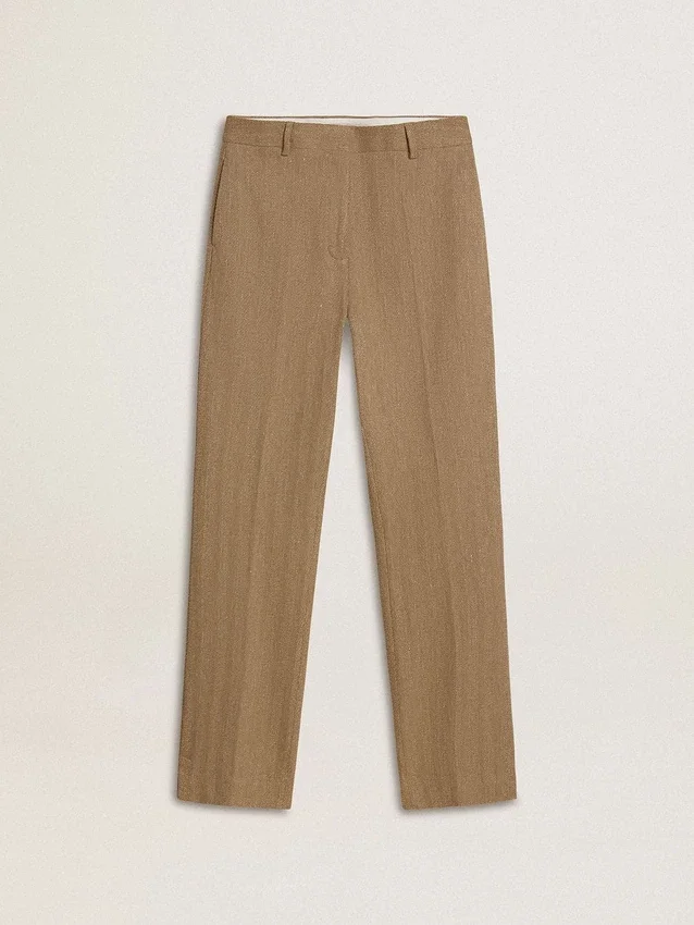 Damenhose aus einer sandfarbenen Leinenmischung mit Fischgrätenmuster