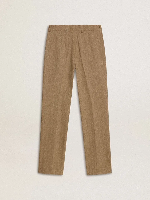 Damenhose aus einer sandfarbenen Leinenmischung mit Fischgrätenmuster