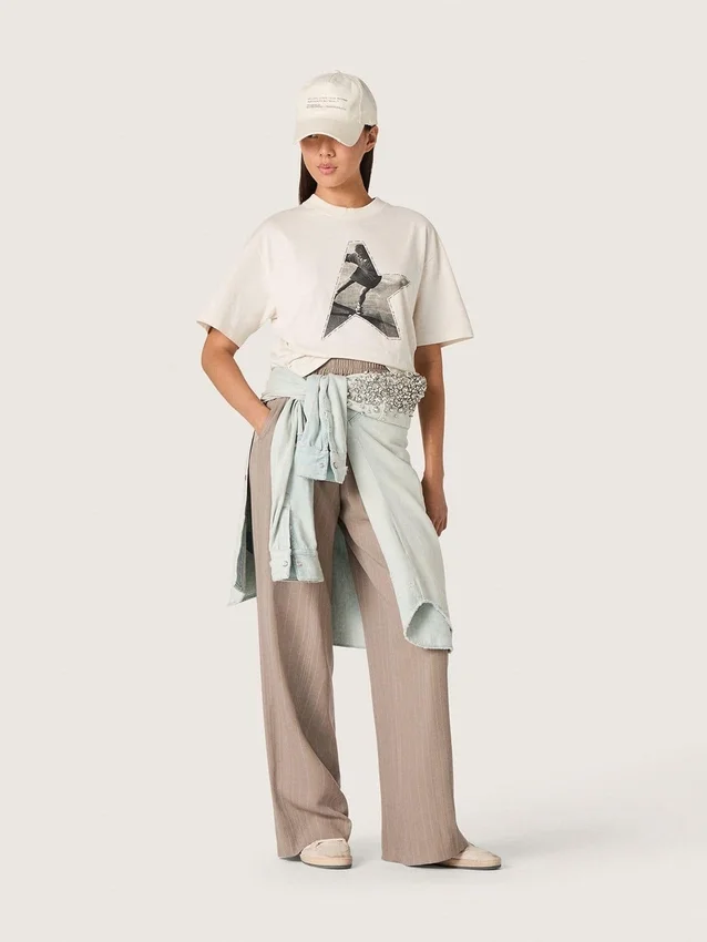 Damen-Hemd aus weissem Baumwolljersey mit Sternenprint