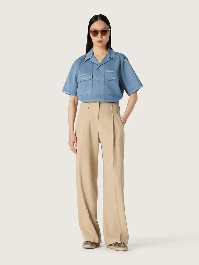 Damenhose aus Wollgabardine in Sand