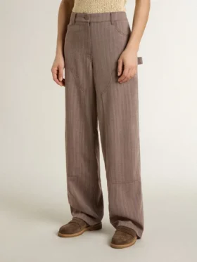 Damenhose aus Wollmischung in hellbraunem Mikro-Chevron-Muster