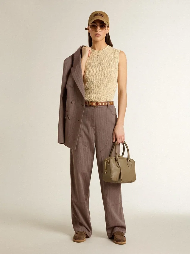 Damenhose aus Wollmischung in hellbraunem Mikro-Chevron-Muster