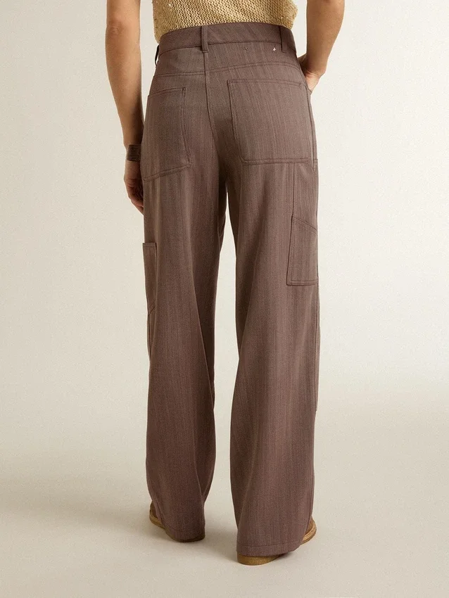 Damenhose aus Wollmischung in hellbraunem Mikro-Chevron-Muster