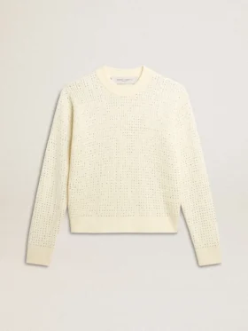 Damenpullover mit Rundhalsausschnitt aus weisser Merinowolle mit durchgehenden Kristallen