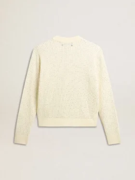 Damenpullover mit Rundhalsausschnitt aus weisser Merinowolle mit durchgehenden Kristallen