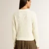 Damenpullover mit Rundhalsausschnitt aus weisser Merinowolle mit durchgehenden Kristallen