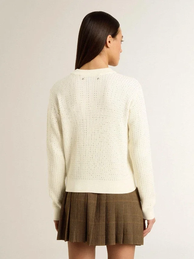 Damenpullover mit Rundhalsausschnitt aus weisser Merinowolle mit durchgehenden Kristallen