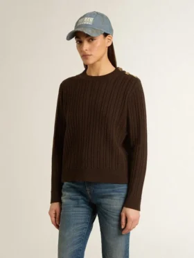 Damenpullover mit Rundhalsausschnitt aus Wollmischung mit goldenen Knöpfen
