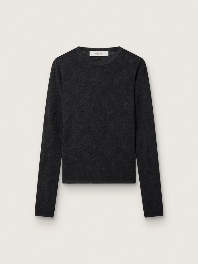 Damenpullover mit Rundhalsausschnitt und schwarzem Blumen-Jacquardmuster