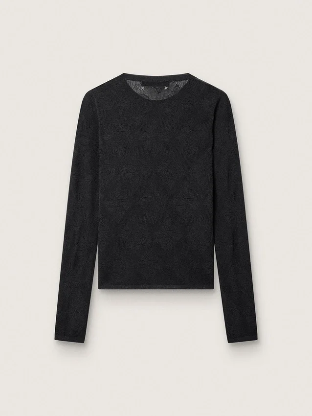 Damenpullover mit Rundhalsausschnitt und schwarzem Blumen-Jacquardmuster