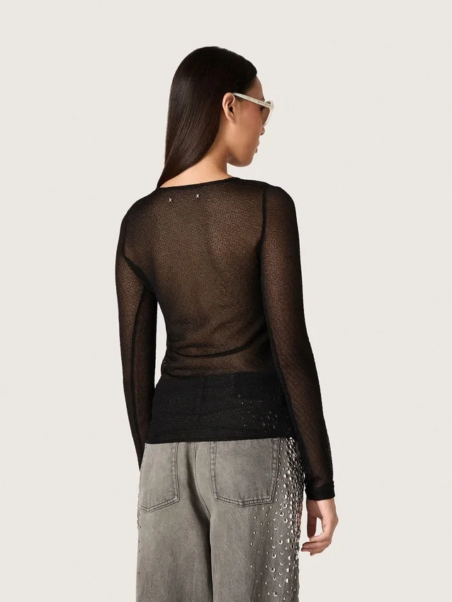 Damenpullover mit Rundhalsausschnitt und schwarzem Blumen-Jacquardmuster