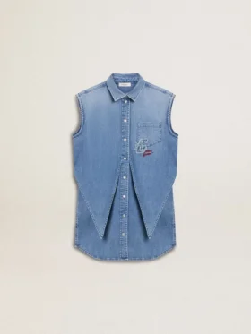 Denim-Kleid für Mädchen mit Knoten vorne und Stickerei