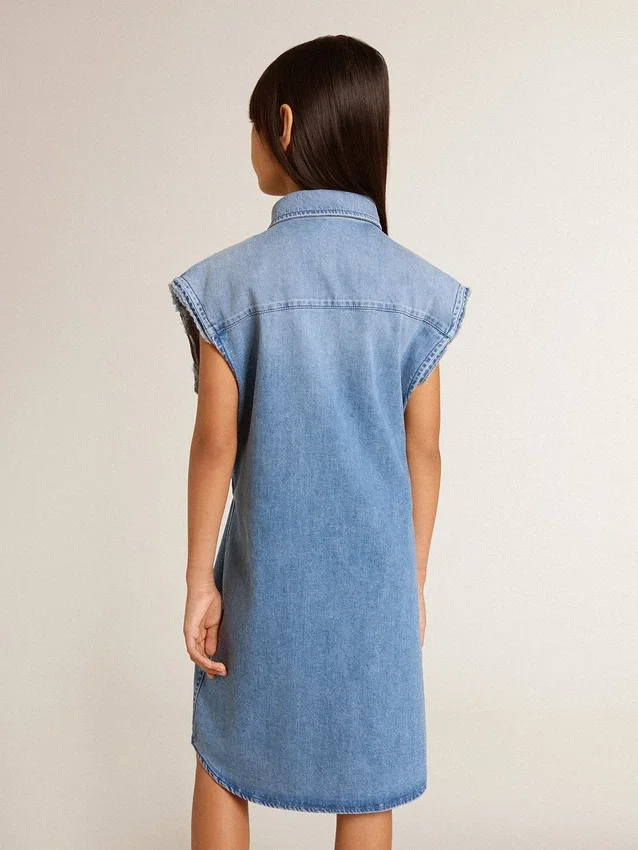 Denim-Kleid für Mädchen mit Knoten vorne und Stickerei