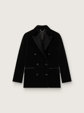 Doppelreihige Damenjacke aus schwarzem Samt mit schwarzen Satinrevers