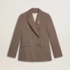 Doppelreihiger Damen-Blazer aus beiger Chevron-Wollmischung
