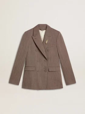 Doppelreihiger Damen-Blazer aus beiger Chevron-Wollmischung