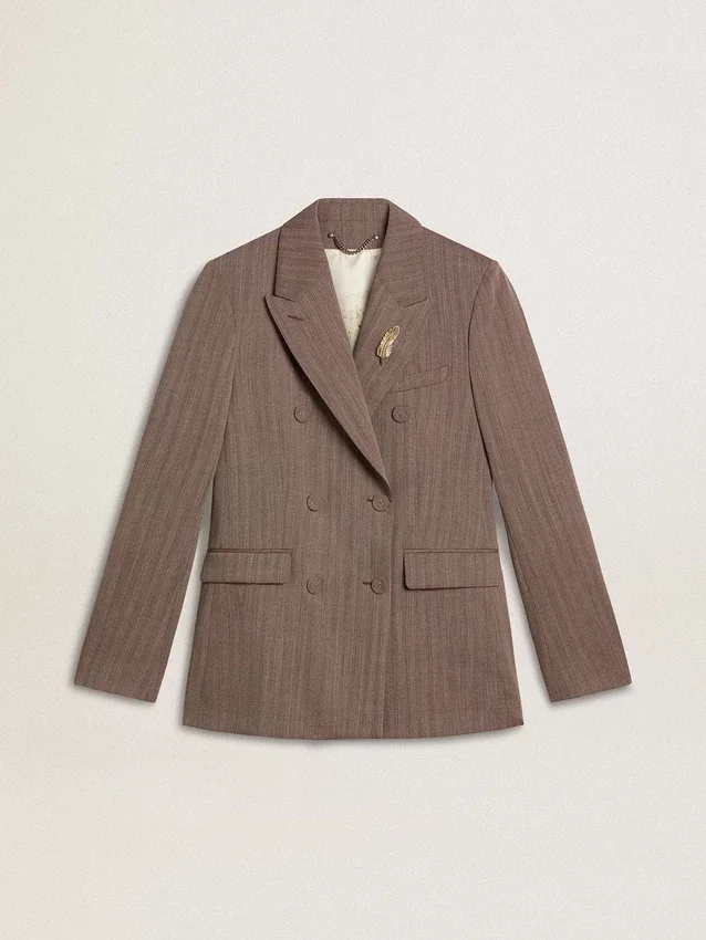 Doppelreihiger Damen-Blazer aus beiger Chevron-Wollmischung