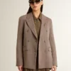 Doppelreihiger Damen-Blazer aus beiger Chevron-Wollmischung