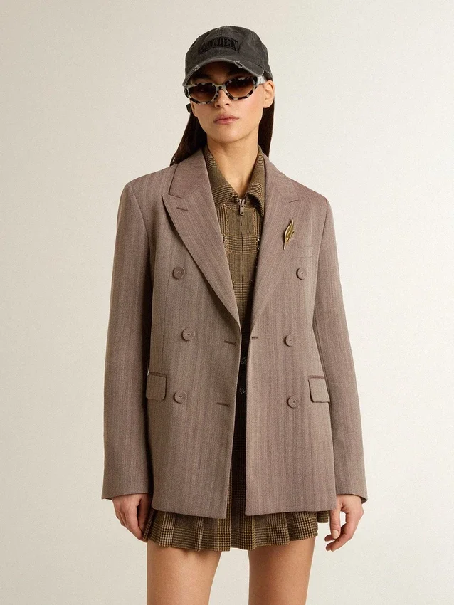 Doppelreihiger Damen-Blazer aus beiger Chevron-Wollmischung