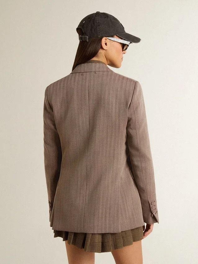 Doppelreihiger Damen-Blazer aus beiger Chevron-Wollmischung