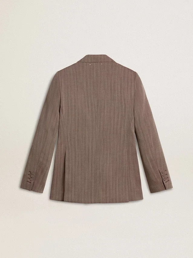 Doppelreihiger Damen-Blazer aus beiger Chevron-Wollmischung