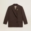 Doppelreihiger Damen-Blazer aus dunkelbrauner Wolle mit feinem Streifenmuster