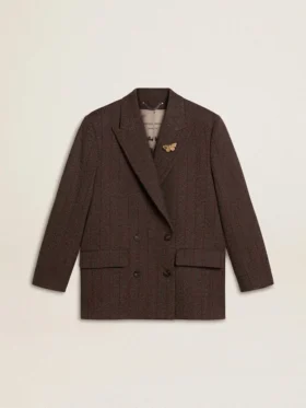 Doppelreihiger Damen-Blazer aus dunkelbrauner Wolle mit feinem Streifenmuster