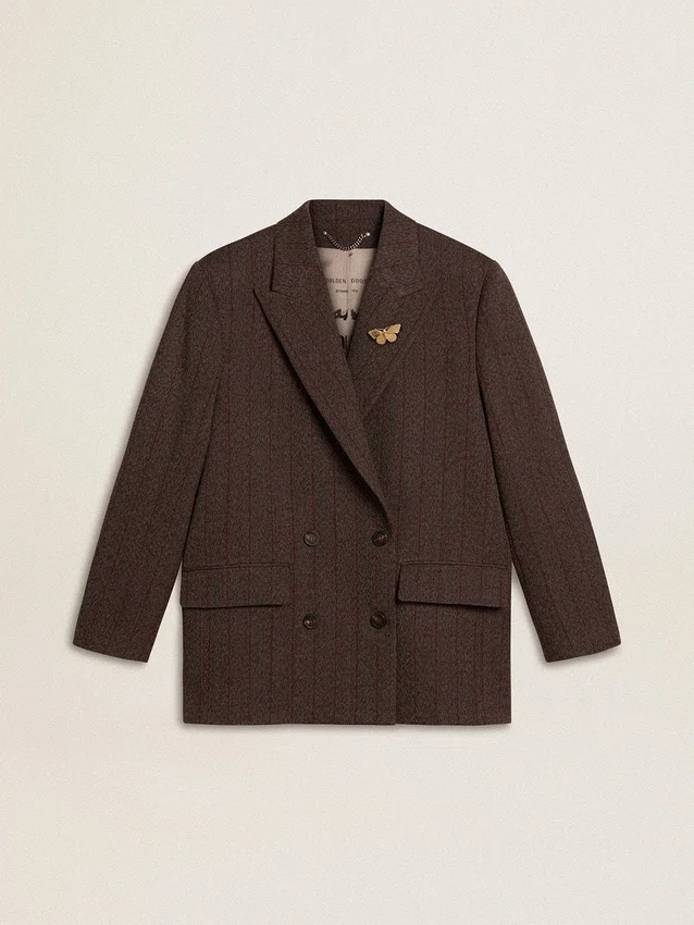 Doppelreihiger Damen-Blazer aus dunkelbrauner Wolle mit feinem Streifenmuster