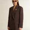 Doppelreihiger Damen-Blazer aus dunkelbrauner Wolle mit feinem Streifenmuster