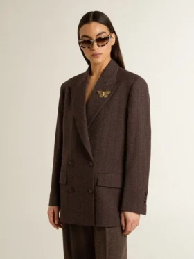 Doppelreihiger Damen-Blazer aus dunkelbrauner Wolle mit feinem Streifenmuster