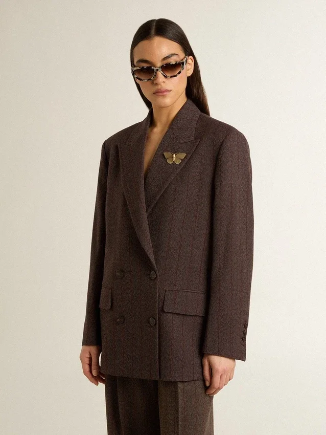 Doppelreihiger Damen-Blazer aus dunkelbrauner Wolle mit feinem Streifenmuster