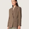 Doppelreihiger Damen-Blazer aus taubengrauer Chevron-Wollmischung