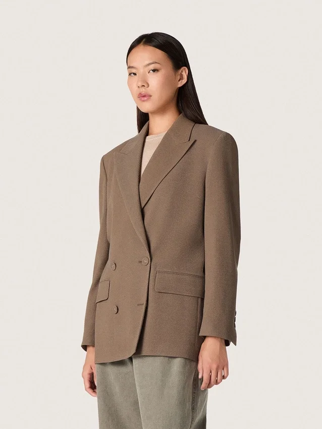 Doppelreihiger Damen-Blazer aus taubengrauer Chevron-Wollmischung
