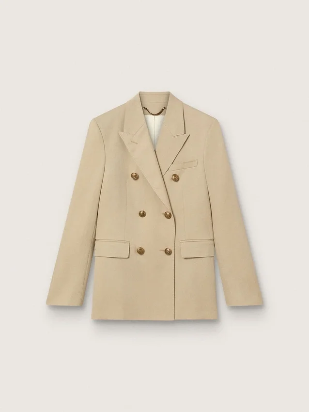 Doppelreihiger Damen-Blazer in Sand mit goldenen Wappenknöpfen