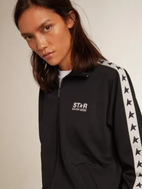 Dunkelblaues Sweatshirt mit Reissverschluss, weissem Streifen und kontrastierenden Sternen