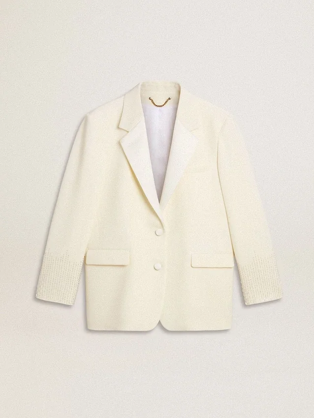 Einfädige Oversize-Jacke in Weiss mit Seidenoptik und Stickerei