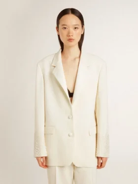 Einfädige Oversize-Jacke in Weiss mit Seidenoptik und Stickerei