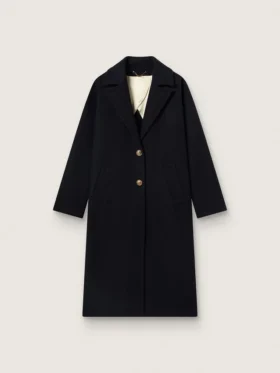Einreihiger Cocoon-Mantel für Damen aus dunkelblauer Wolle mit goldenem Knopf